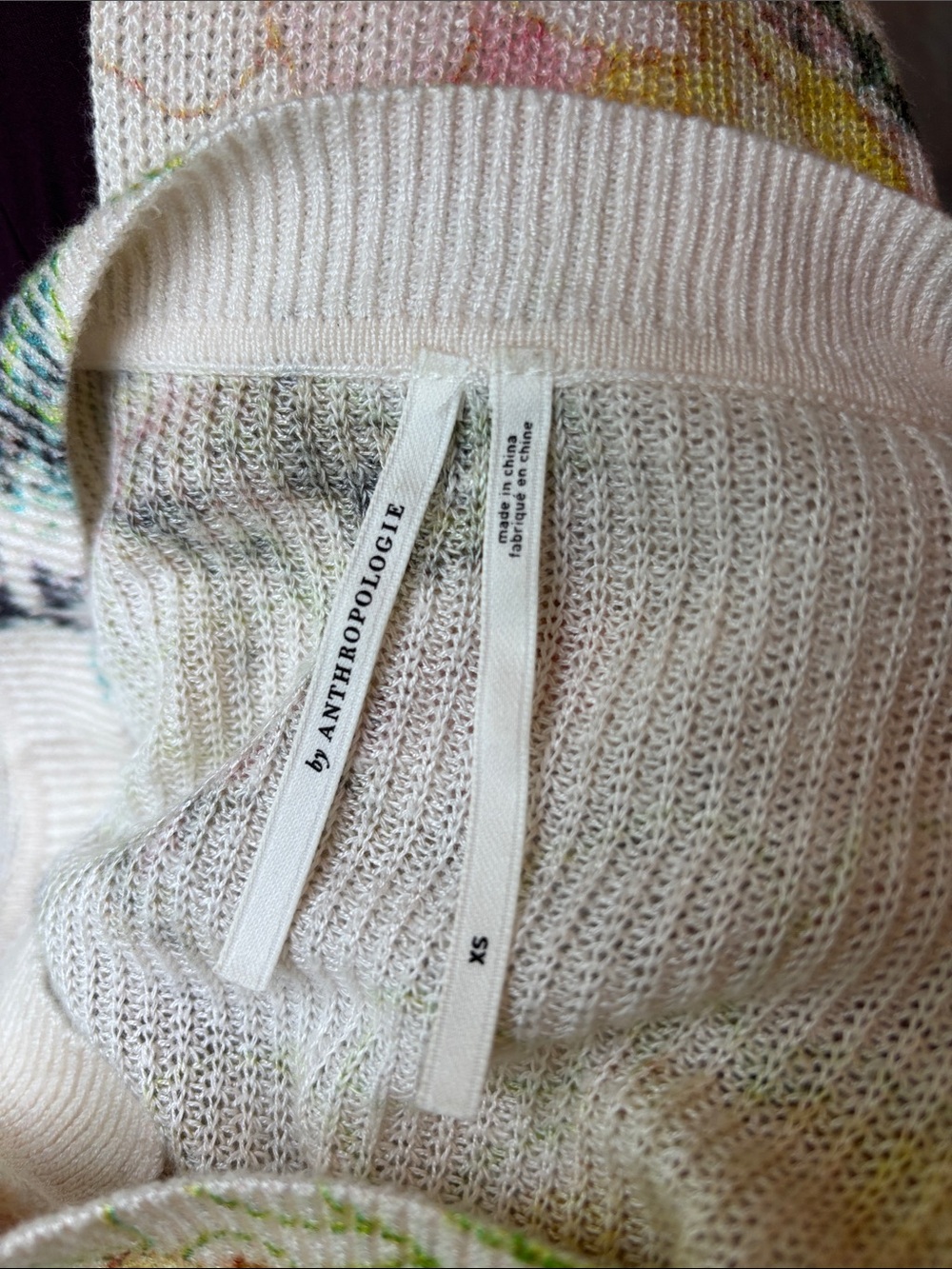 By ANTHROPOLOGIE | Cream Floral Linen Blend Cottagecore V Neck Sweater | Size XS - Picture 7 of 8